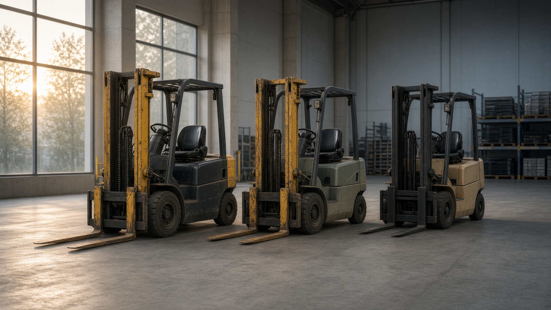 Three used sit-down forklifts lined up in a warehouse aisle