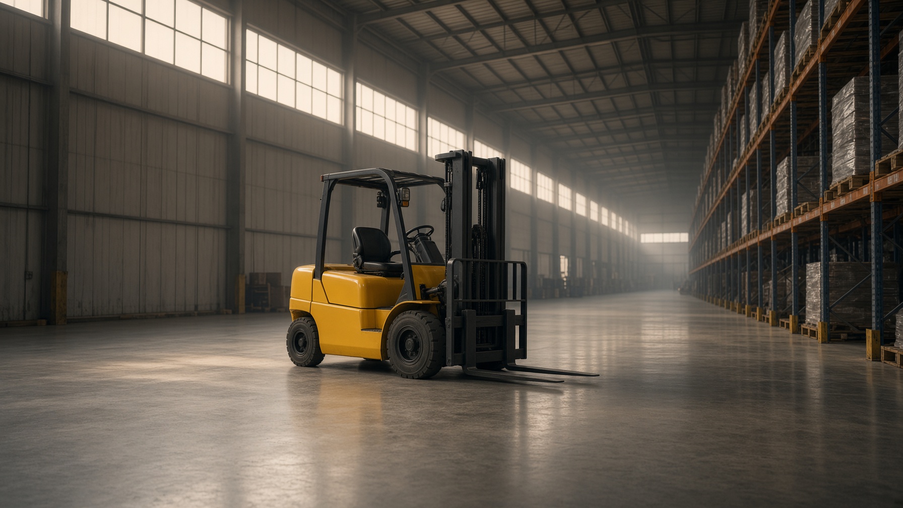 A single sit-down forklift in a quiet high-bay warehouse at dawn