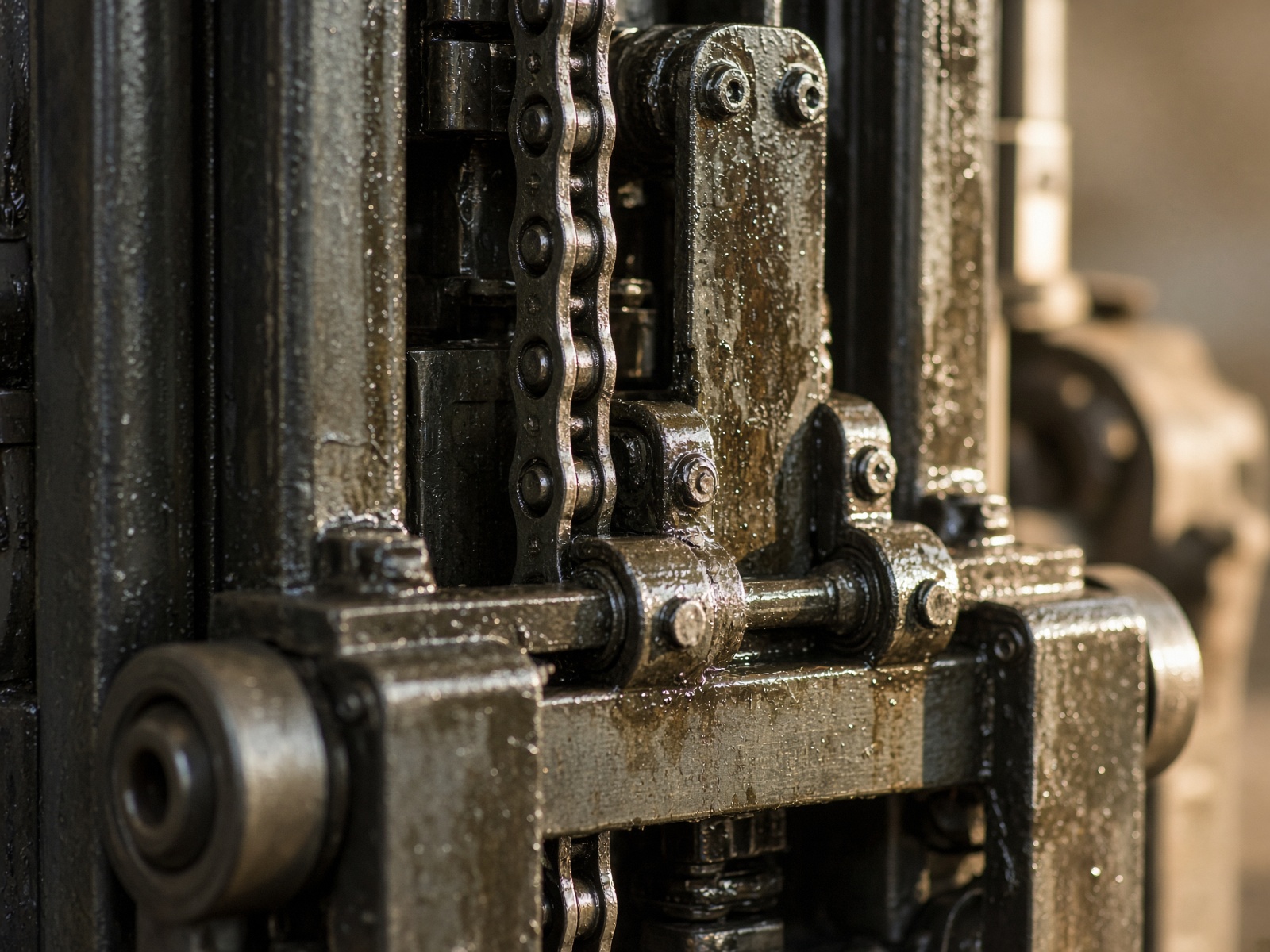 Close view of forklift mast chains and rollers